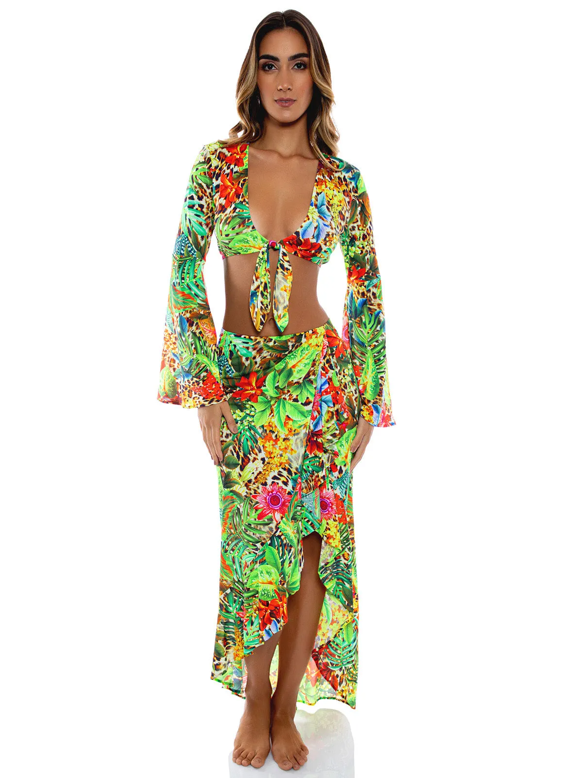 Bell Sleeve Crop-Ruffled High-Lo Slit Skirt