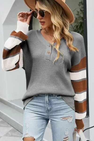 Color Block Striped Sleeve V-Neck Dropped Shoulder Top (2 Colors)