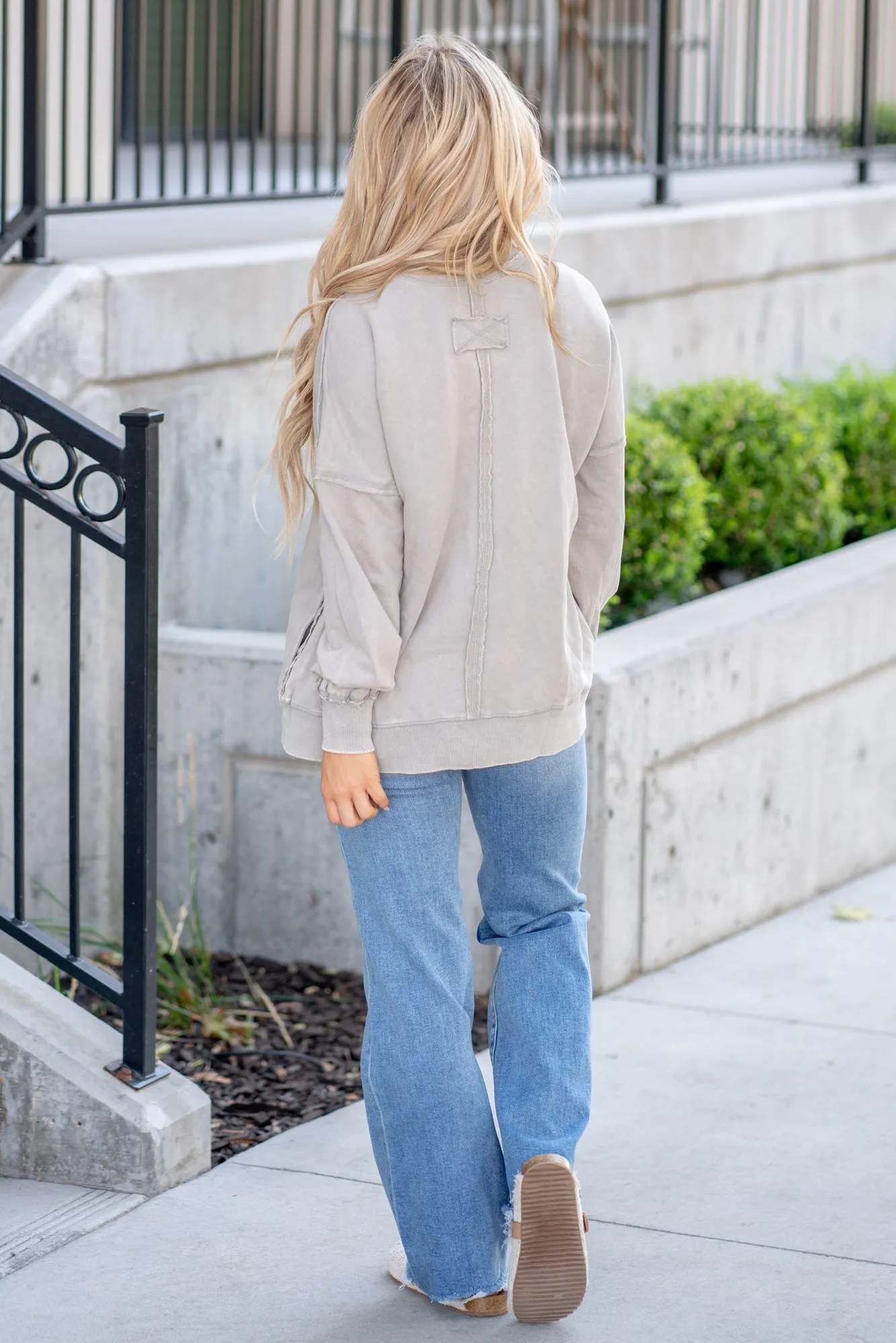 Exposed Seam Round Neck Dropped Shoulder Sweatshirt