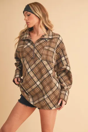 Hazel Blues® |  Aemi   Co Slit Plaid Half Zip Drop Shoulder Top