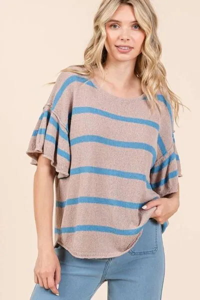 Hazel Blues® |  Mittoshop Striped Flounce Sleeve Knit Top