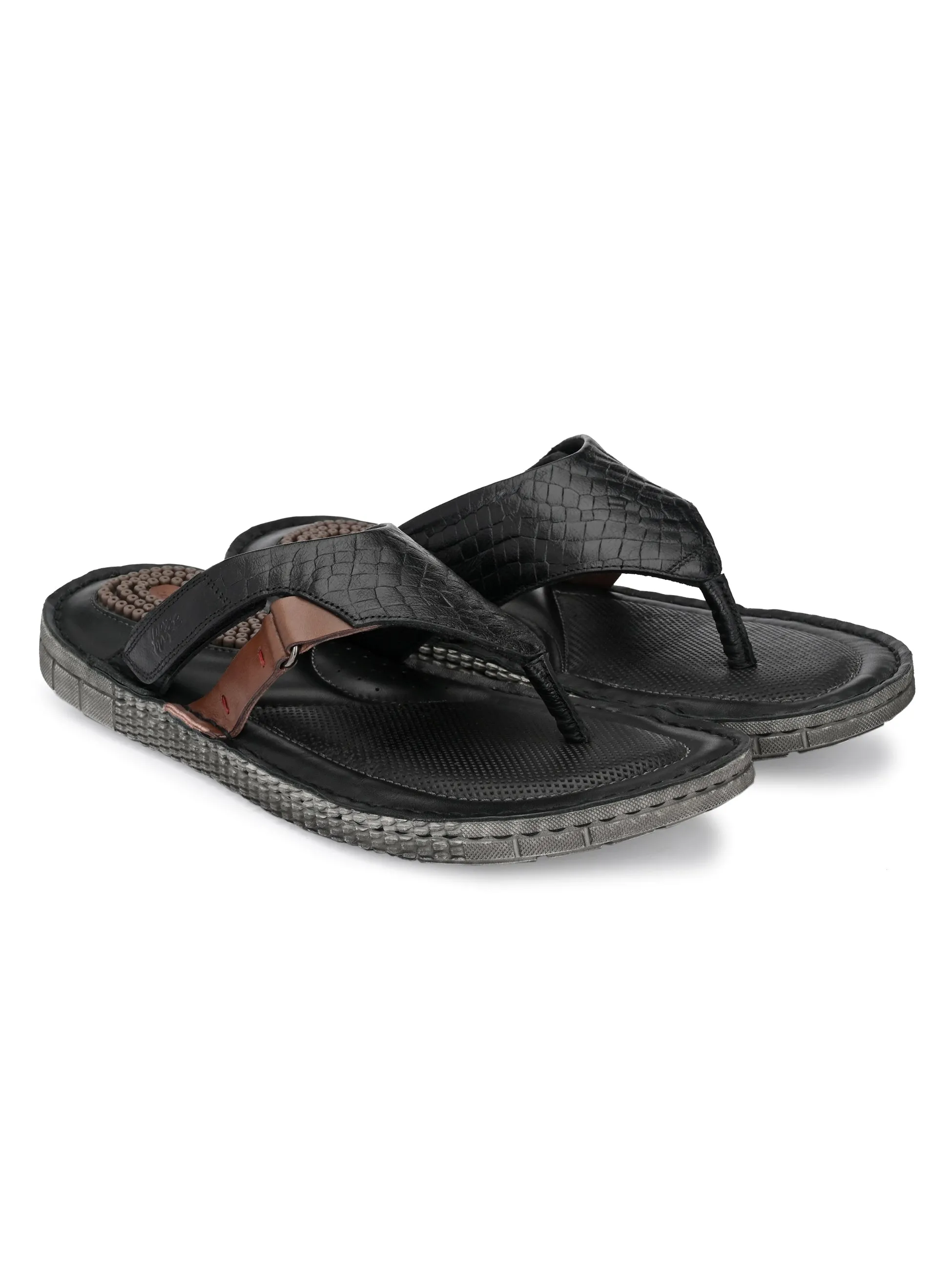 Hitz Men's Black Leather Open Toe Indoor Outdoor Slippers