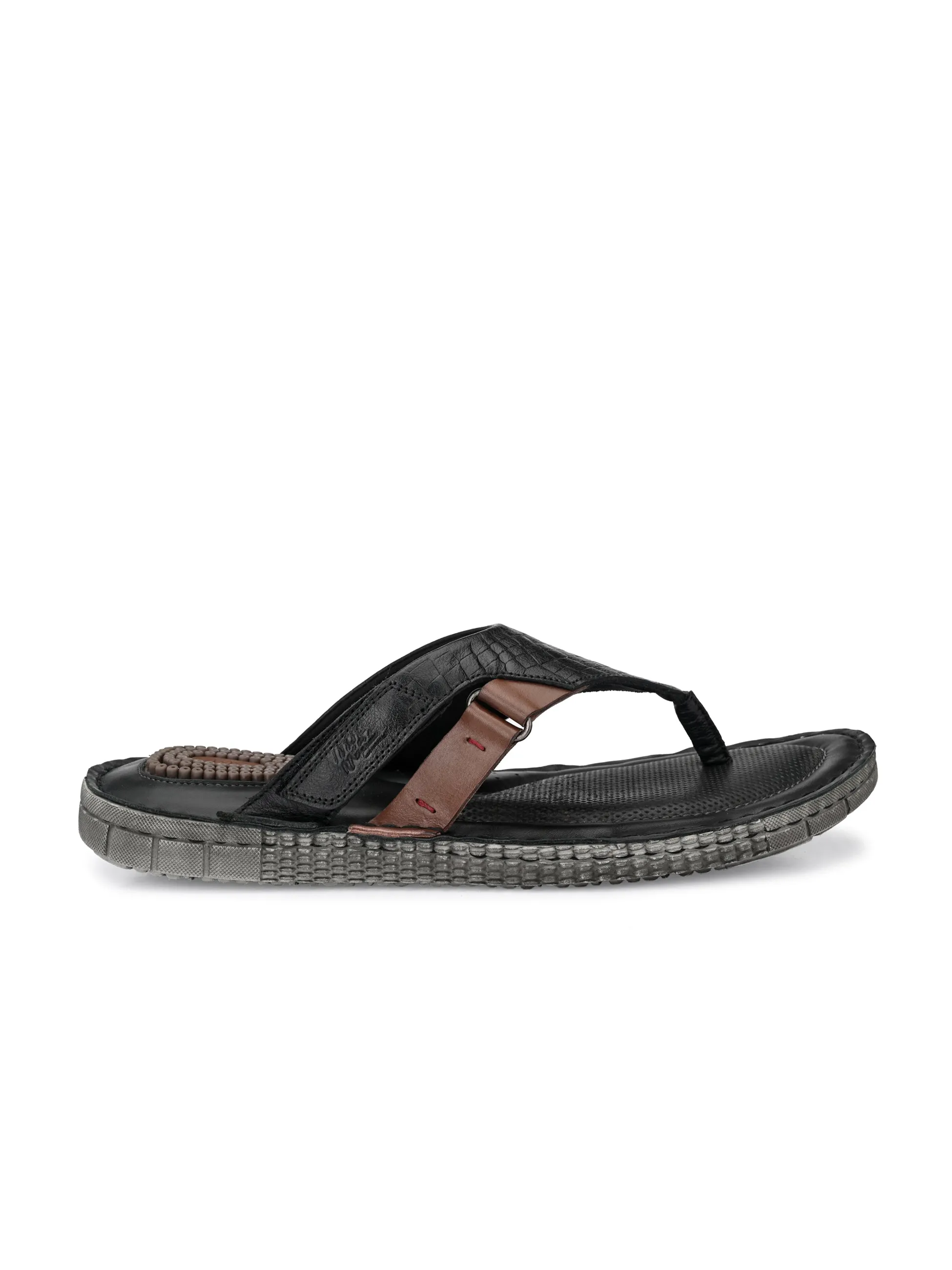 Hitz Men's Black Leather Open Toe Indoor Outdoor Slippers