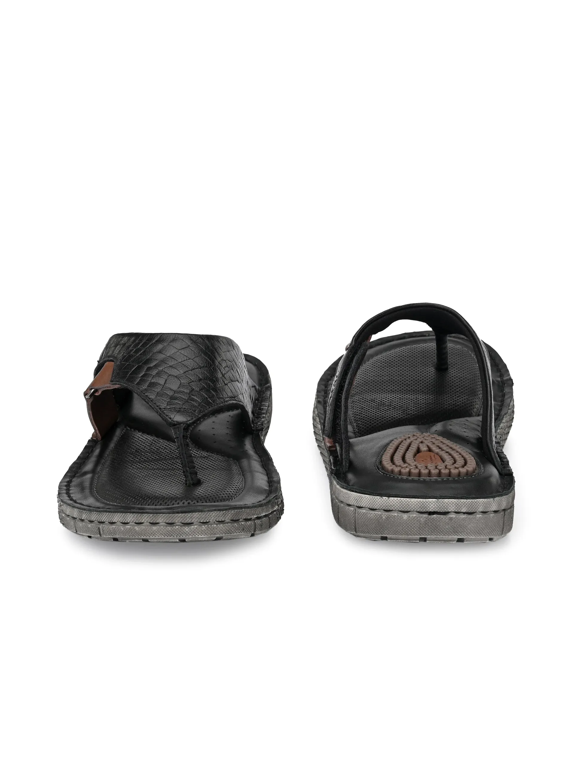Hitz Men's Black Leather Open Toe Indoor Outdoor Slippers