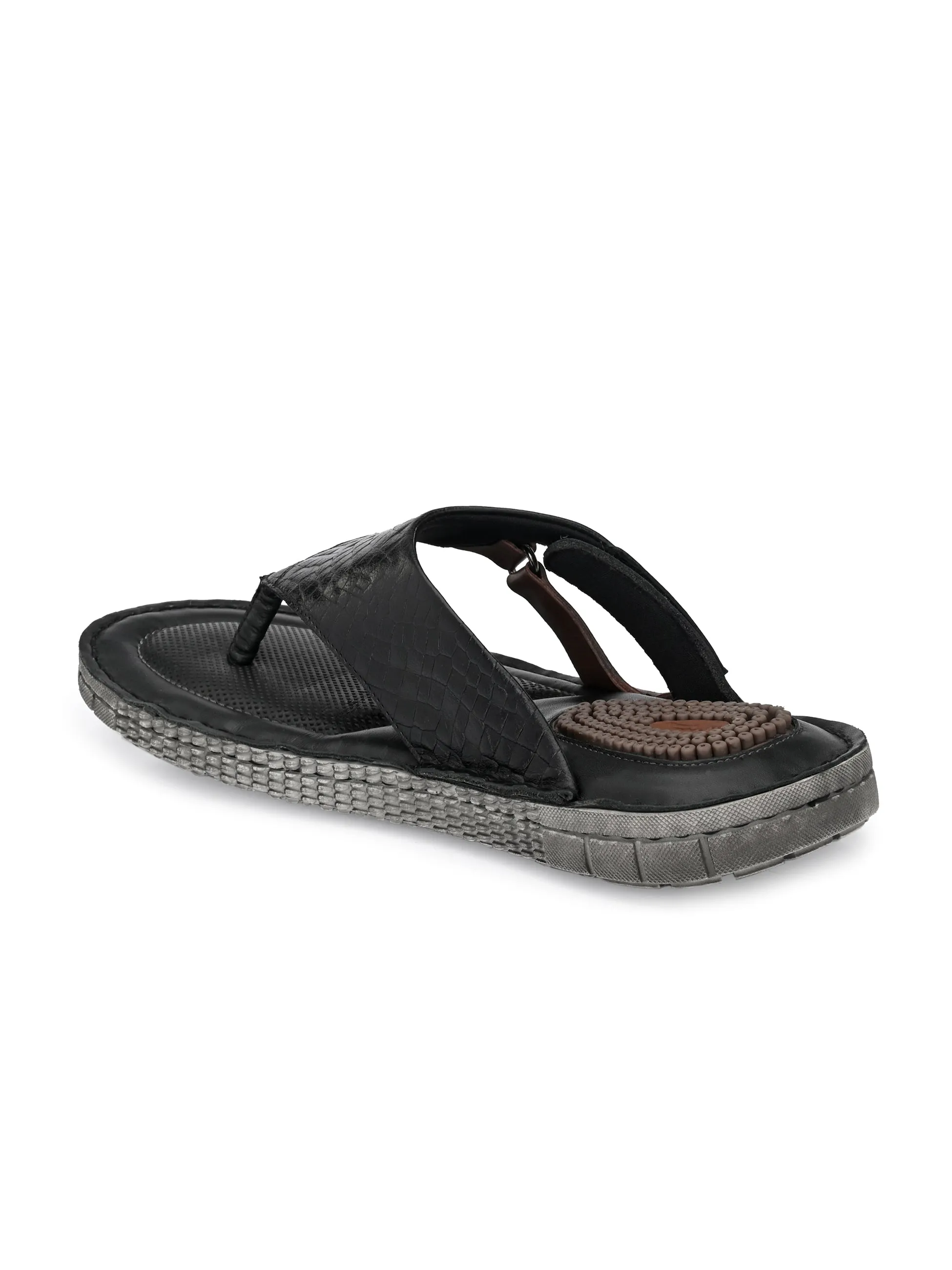 Hitz Men's Black Leather Open Toe Indoor Outdoor Slippers