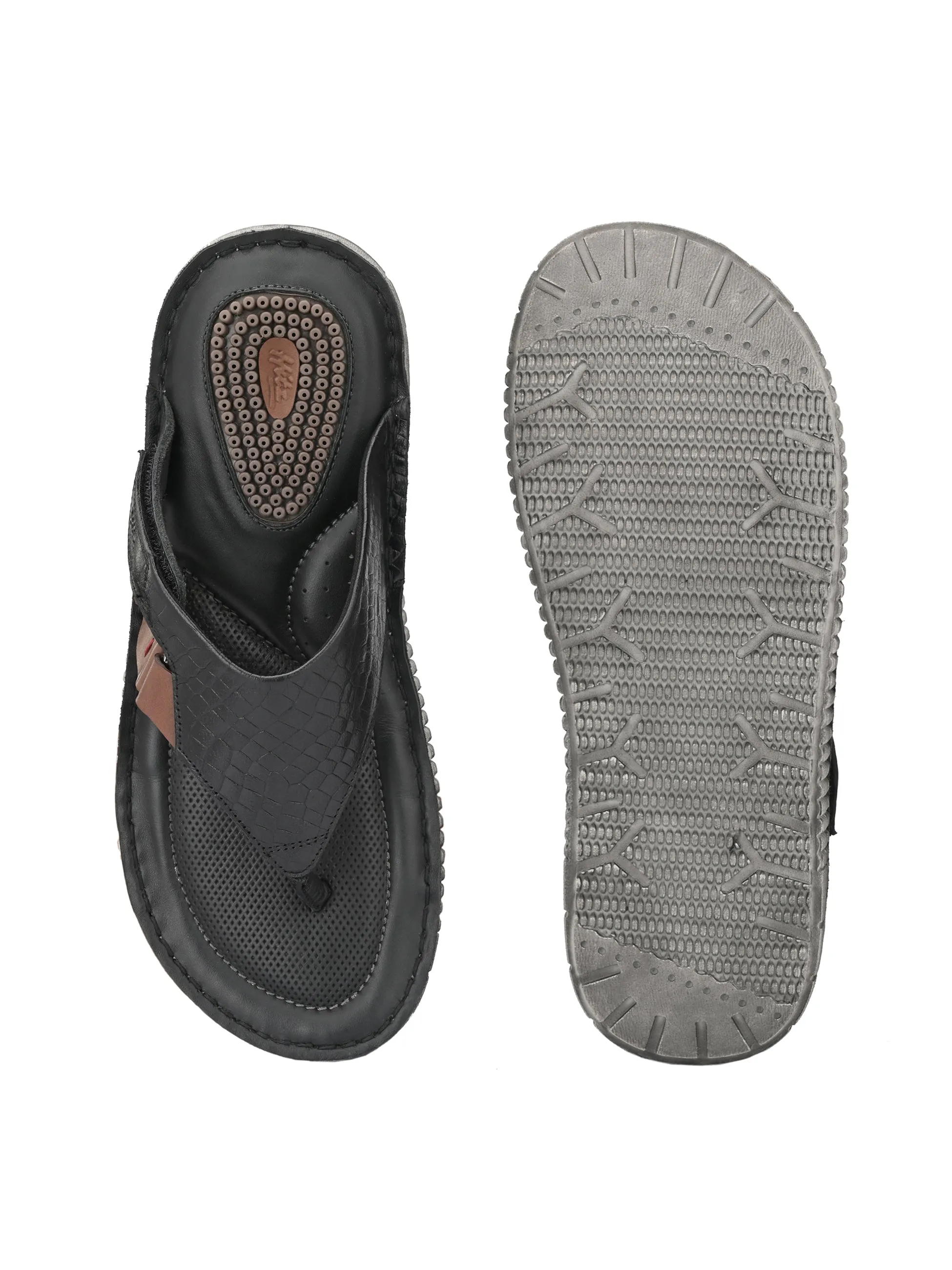 Hitz Men's Black Leather Open Toe Indoor Outdoor Slippers