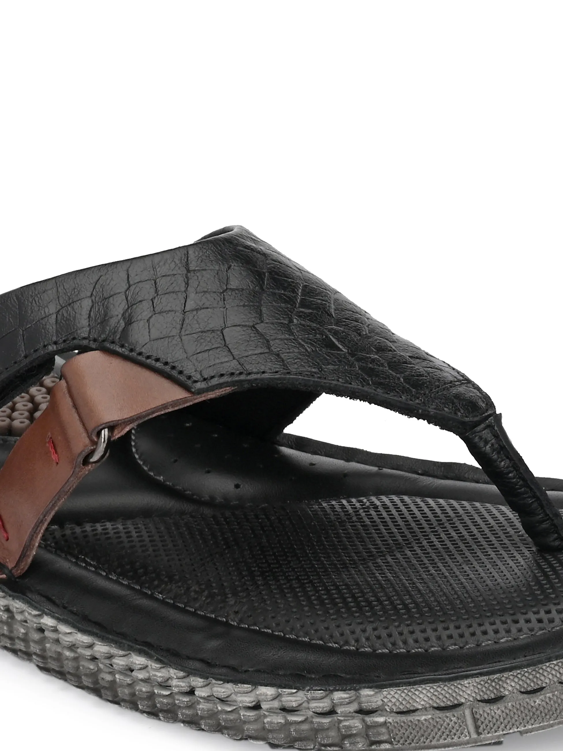 Hitz Men's Black Leather Open Toe Indoor Outdoor Slippers