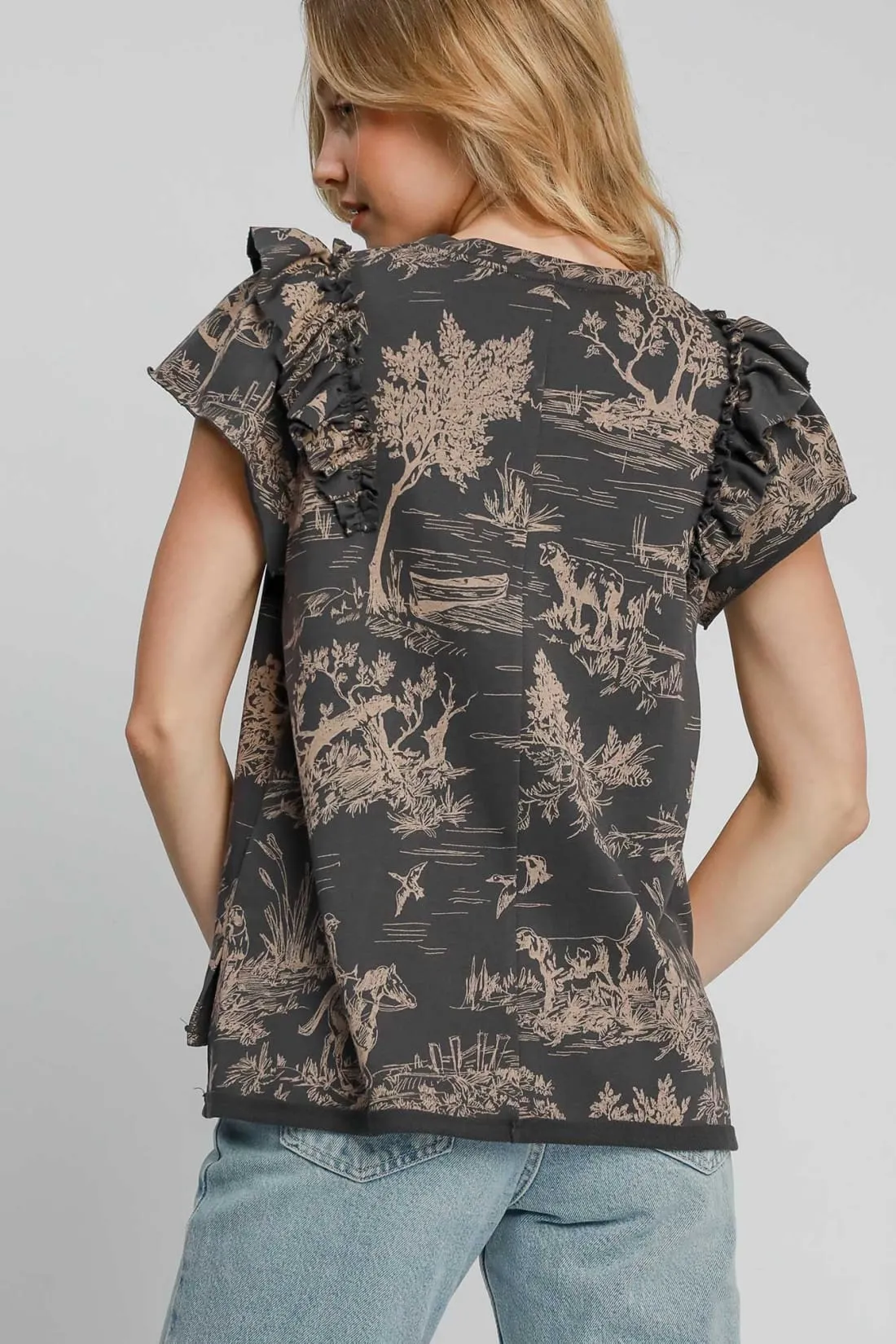 Ruffled Toile Print French Terry Top - Grey