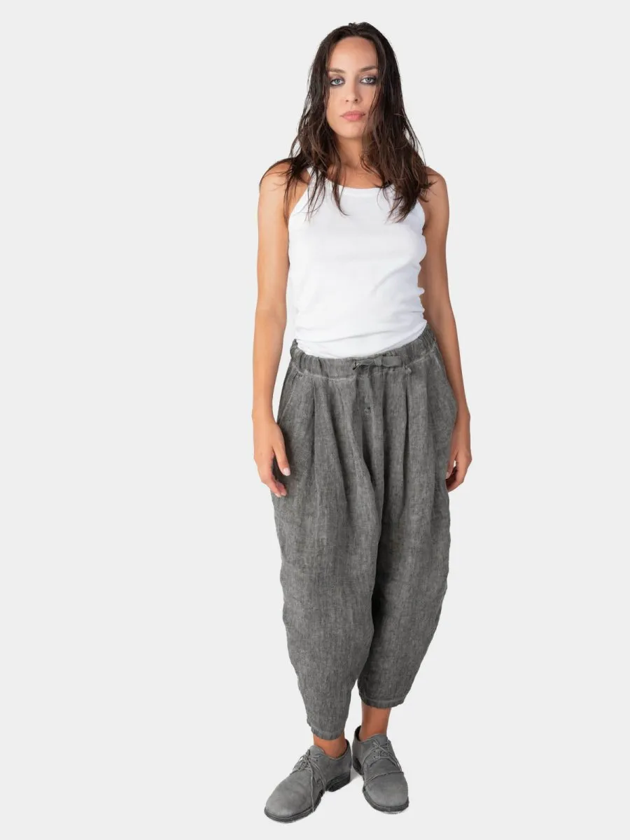 Stonewashed Linen Elastic Tie Waist Cropped Pants