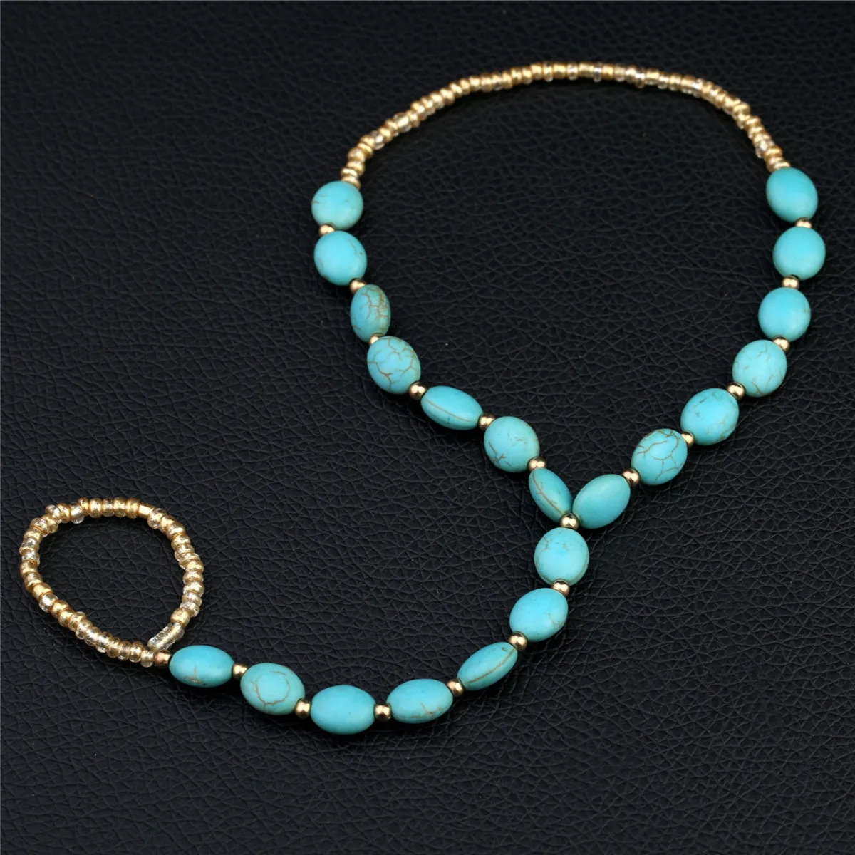 Teal Turquoise & 18K Gold-Plated Ankle-To-Toe Ring Anklet