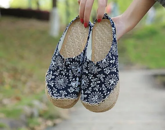 Vintage Soft Flats Toe Cotton Canvas Fabric Shoes Woman