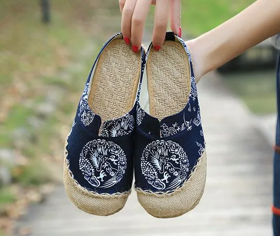 Vintage Soft Flats Toe Cotton Canvas Fabric Shoes Woman
