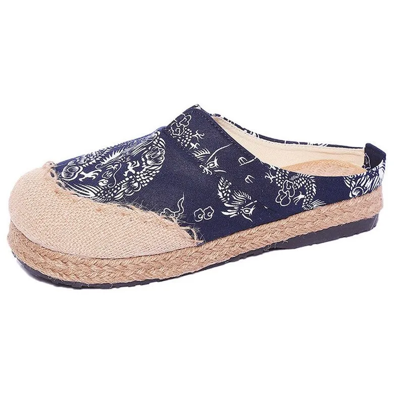 Vintage Soft Flats Toe Cotton Canvas Fabric Shoes Woman