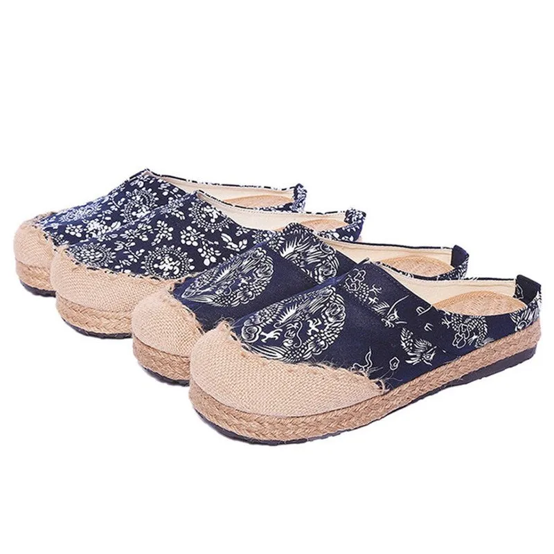 Vintage Soft Flats Toe Cotton Canvas Fabric Shoes Woman